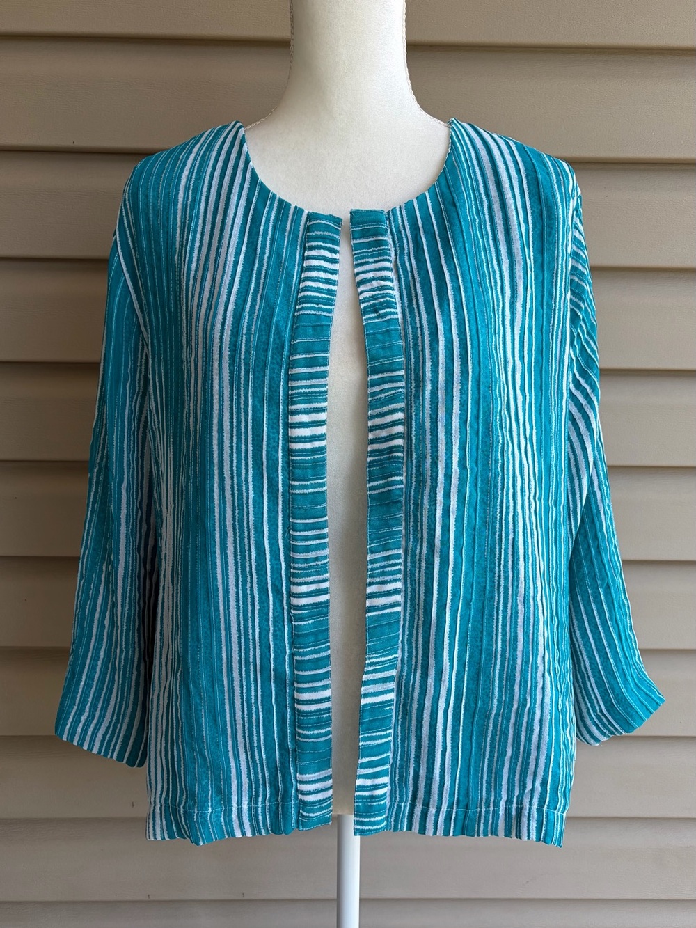 •Chico’s• Tantalizing Teal Pleated Streak Myra Open Front Jacket - Size Large